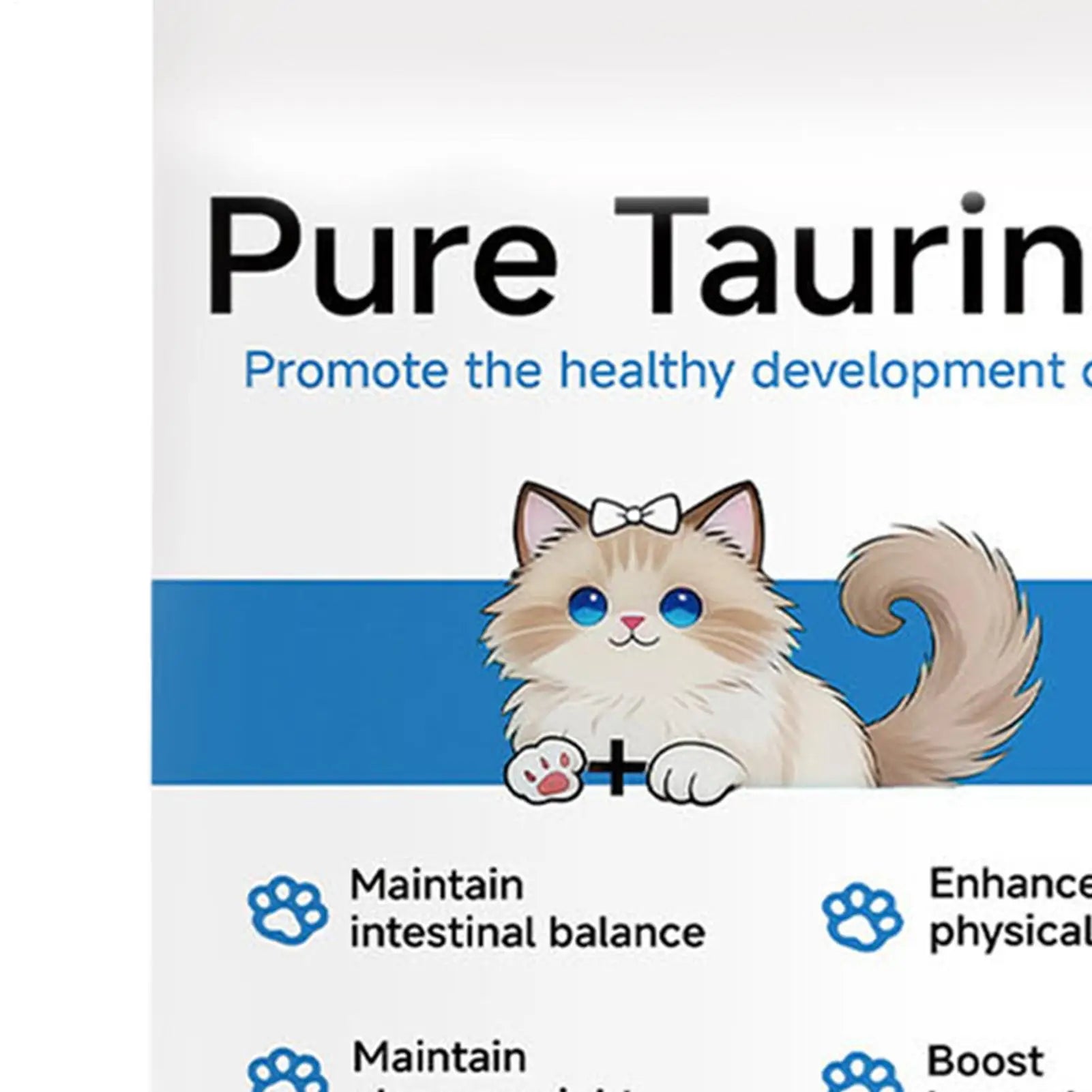 Pure Taurine supplement packaging featuring an illustration of a fluffy cat and icons listing health benefits.
