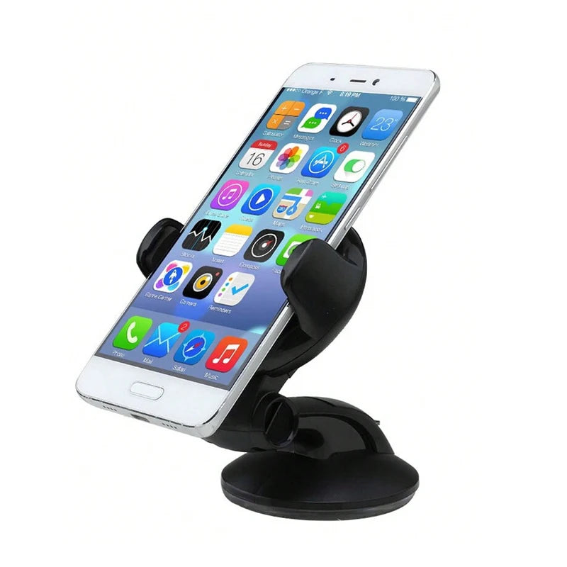 Black adjustable car phone mount with a suction cup base, holding a white smartphone at an angle.