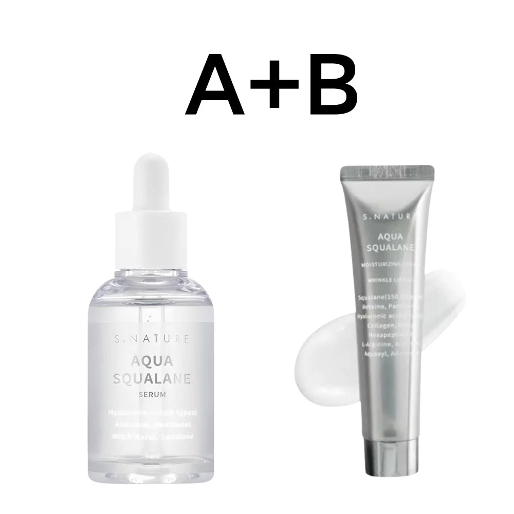 Skincare set featuring a clear glass dropper serum bottle and a silver moisturising cream tube on a white background.