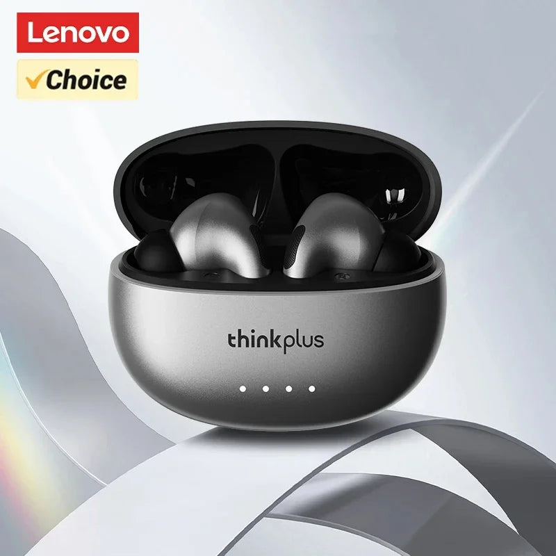 Metallic grey wireless earbuds inside a matching circular charging case with indicator lights.