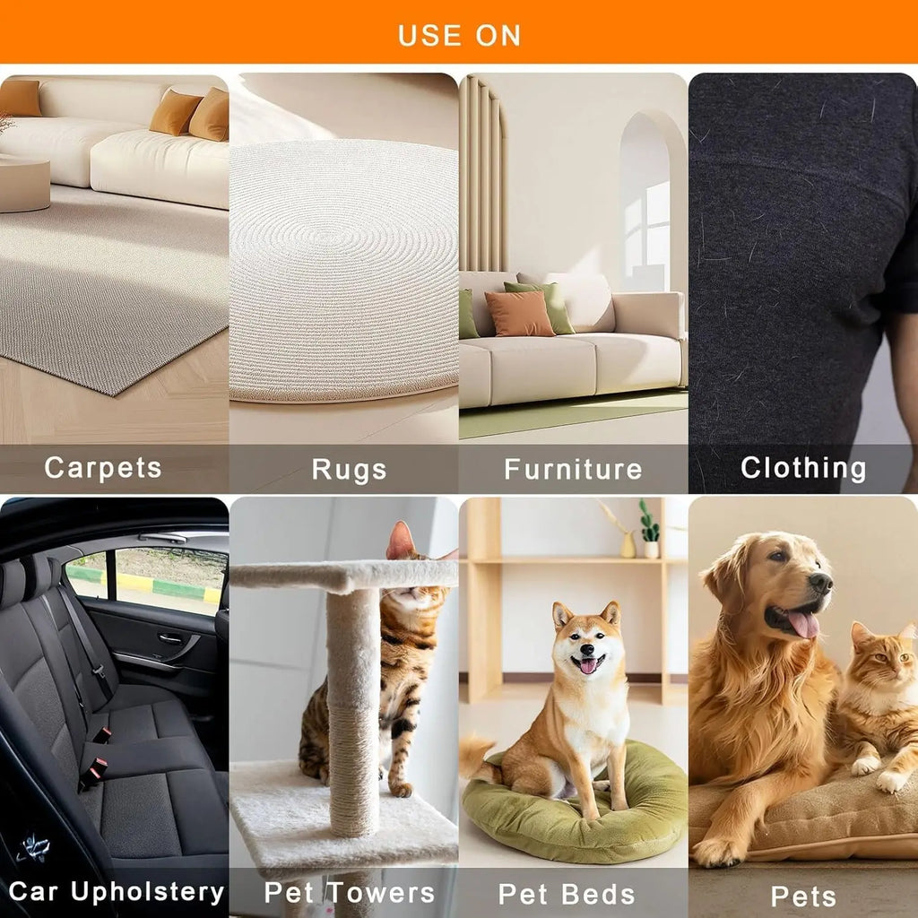 Eight-panel grid showing a lint remover used on carpets, rugs, furniture, clothing, car upholstery, and pet items.