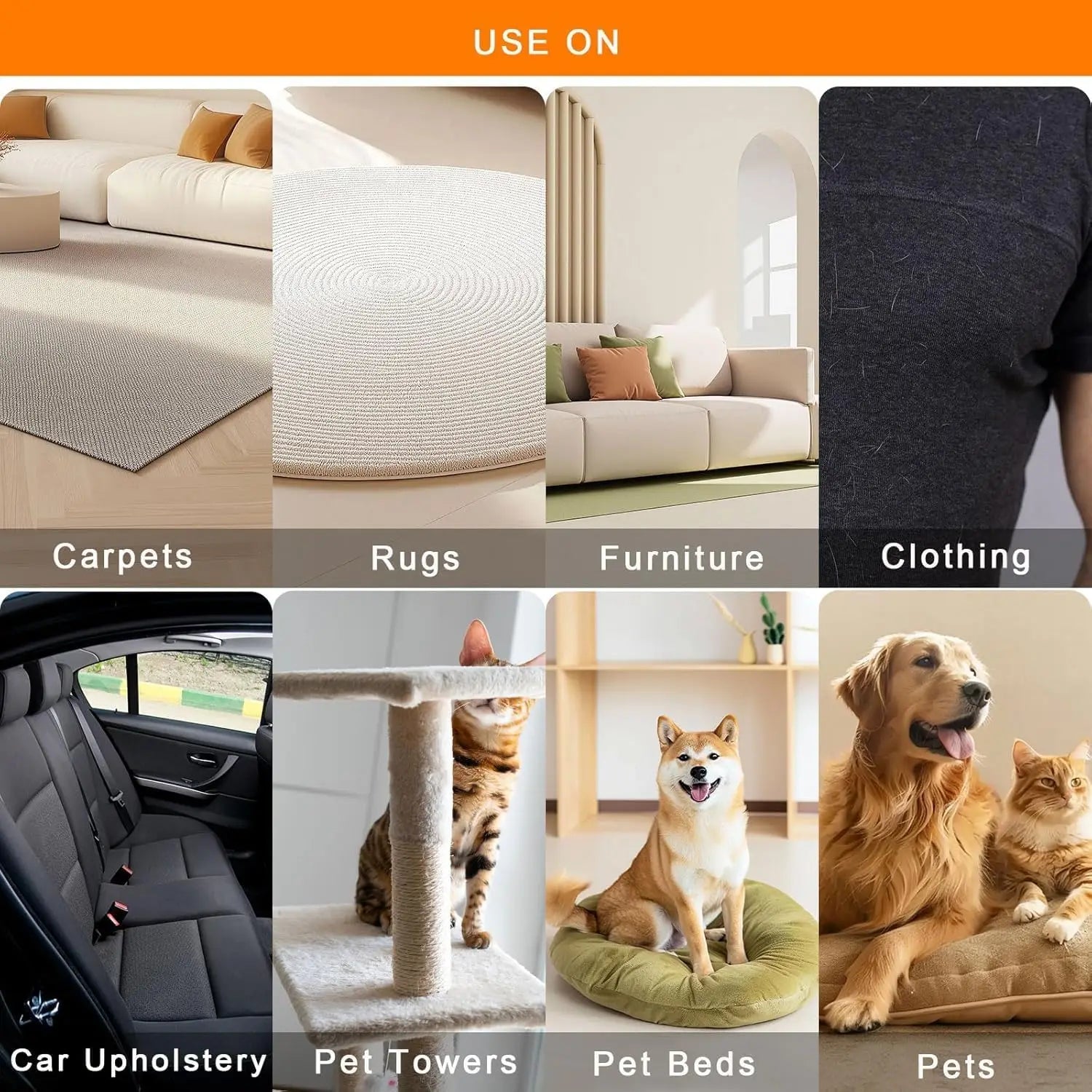 Eight-panel grid showing a lint remover used on carpets, rugs, furniture, clothing, car upholstery, and pet items.