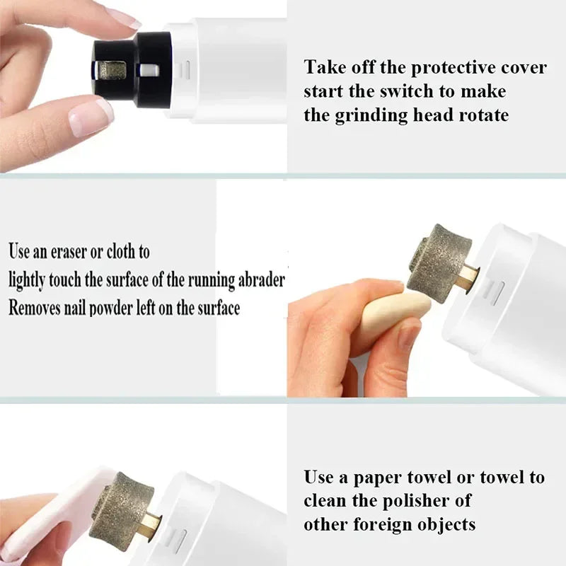 White electric pet nail grinder showing steps to remove the protective cover, use an eraser, and clean the grinder.