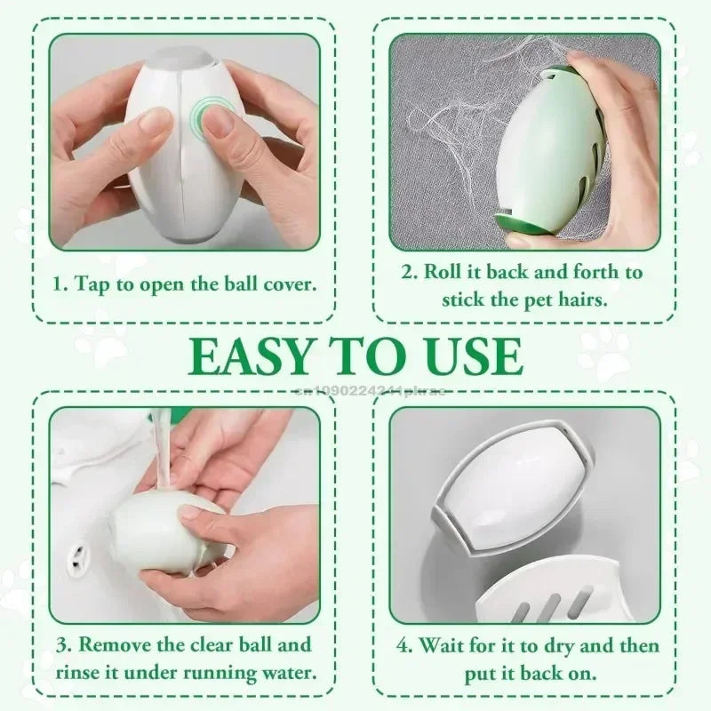Four-step guide for a reusable, pastel green and white oval lint remover ball for collecting pet hair.