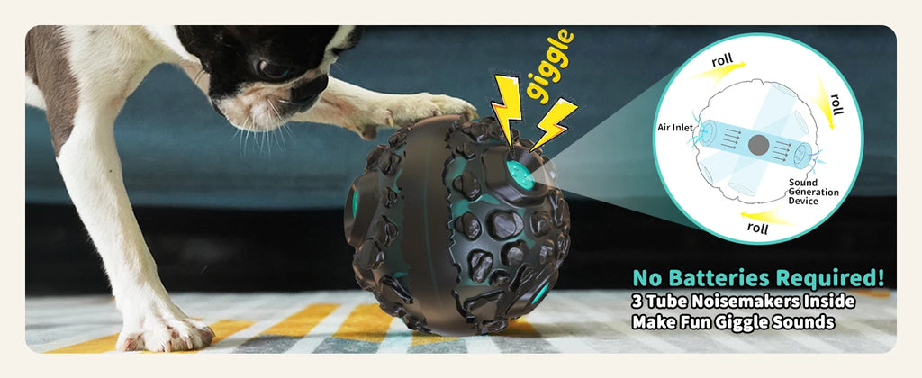 A black, textured interactive dog ball that makes giggle sounds when rolled, with no batteries required.