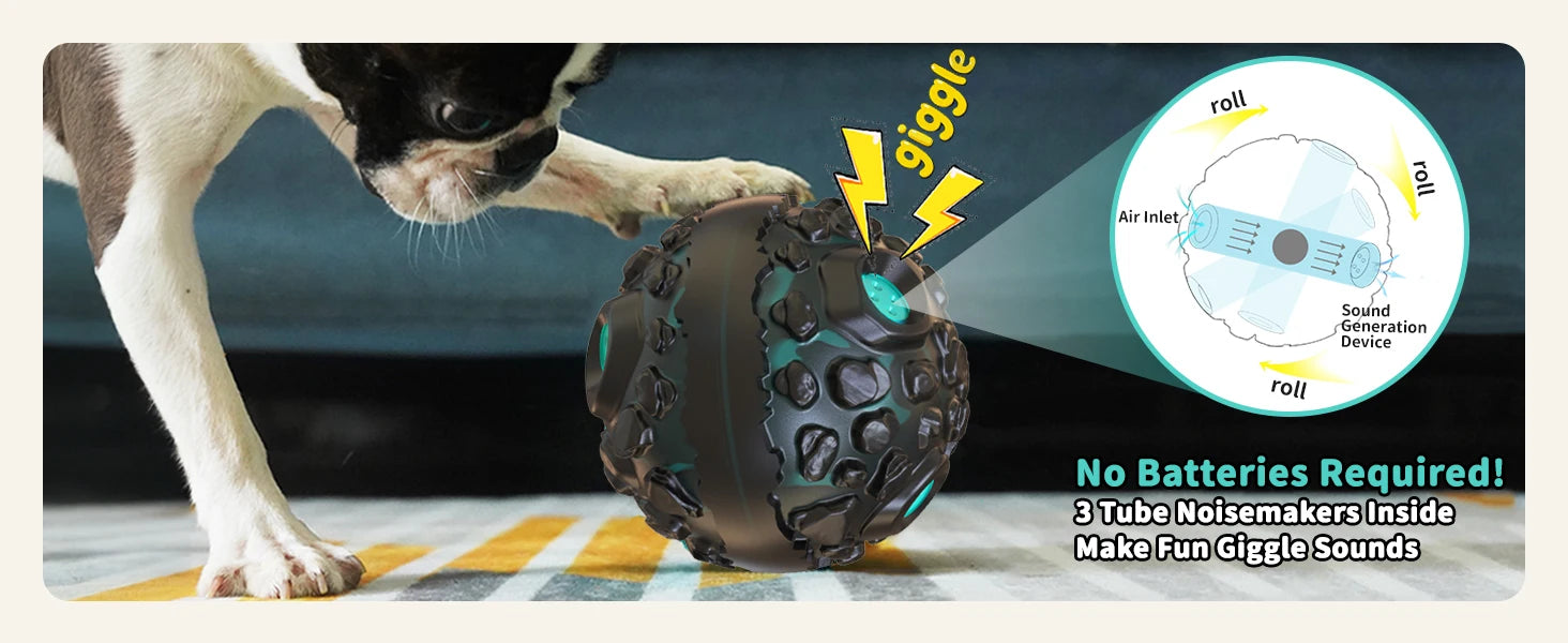 A black, textured interactive dog ball that makes giggle sounds when rolled, with no batteries required.