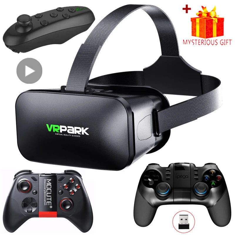 Black VR headset with adjustable strap, VRPark logo, and two black game controllers.