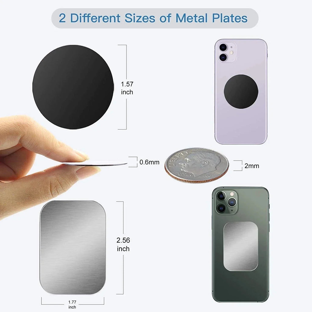 Two sizes of adhesive metal plates for phones: a black circular plate and a brushed silver rectangular plate.