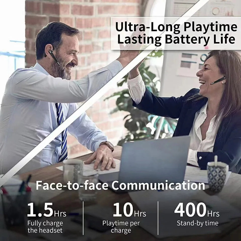 A man and woman in an office wearing sleek, black wireless over-ear headphones with long battery life features.