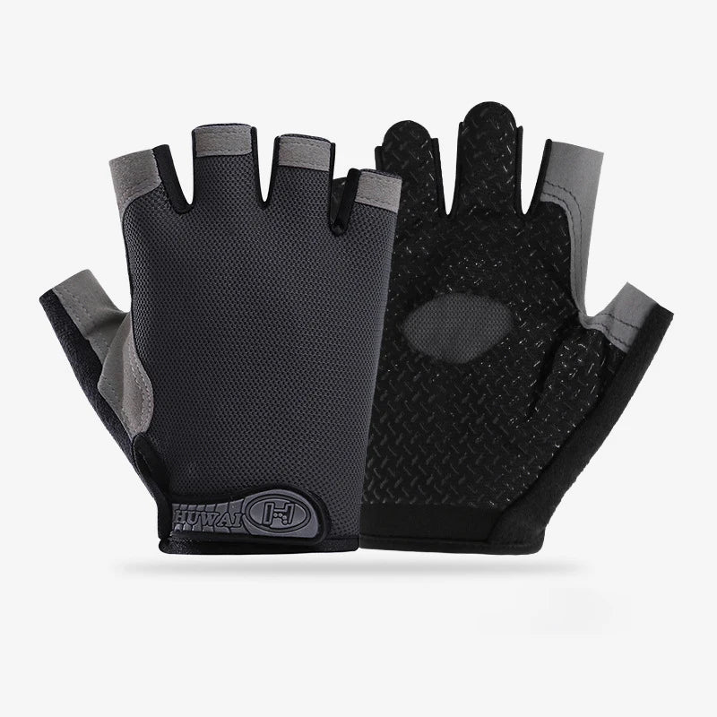 Grey and black fingerless gym gloves featuring breathable mesh fabric and a textured grip palm.