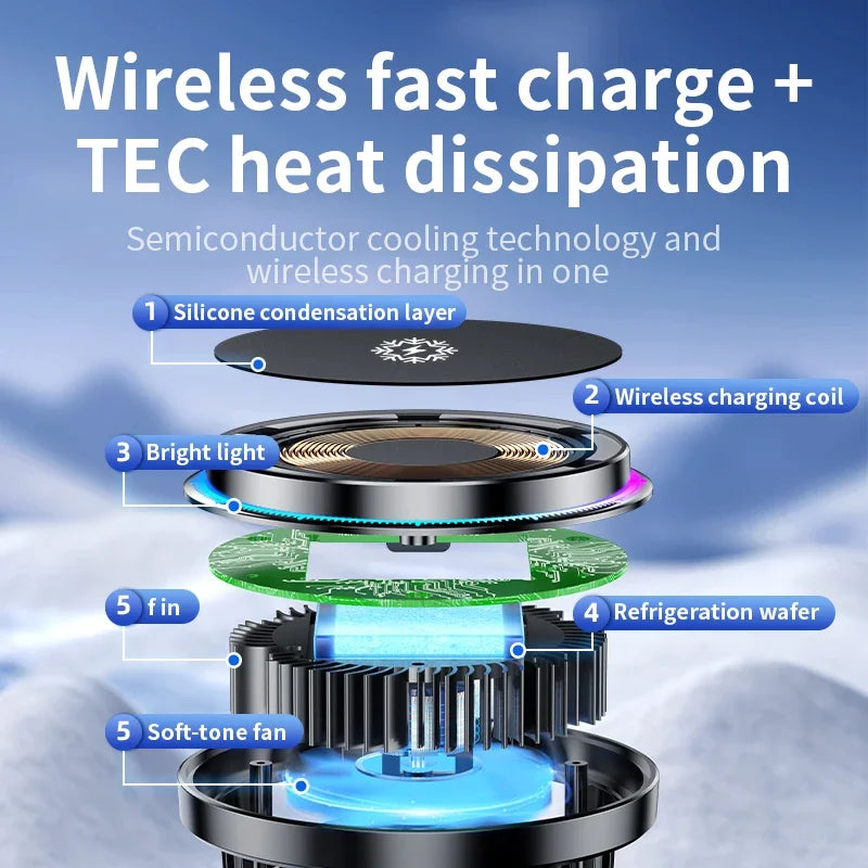Exploded view of a black, circular wireless charger and cooling fan with internal electronics, fins, and blue lighting.