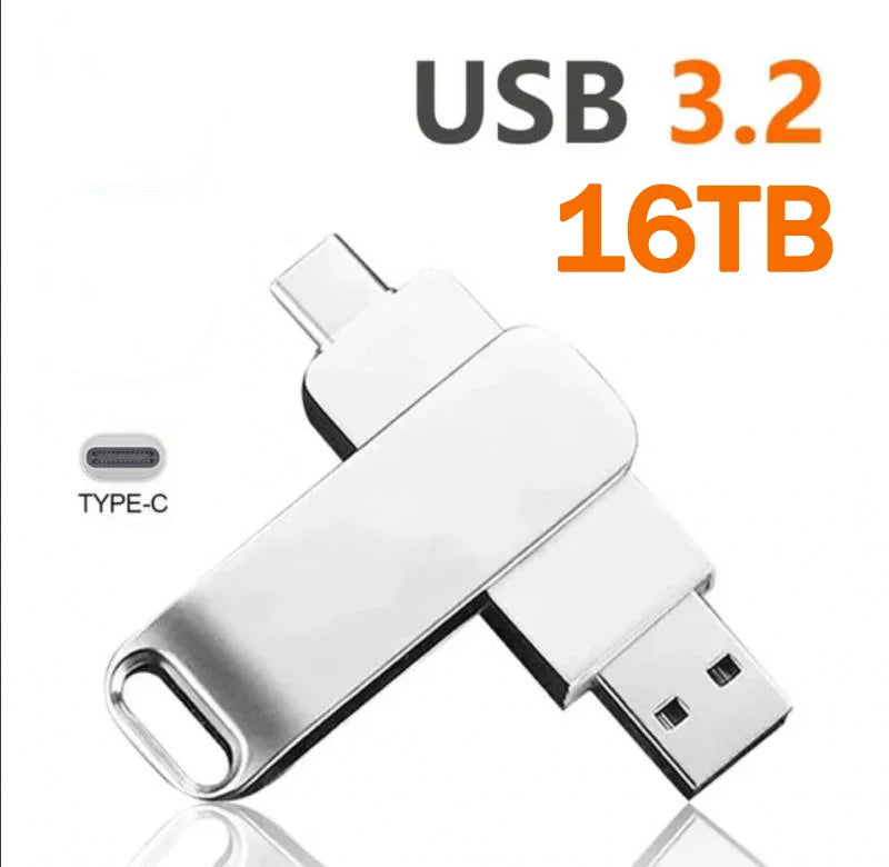 Sleek silver metal 16TB flash drive with dual USB-A and USB-C connectors for versatile, high-speed file storage.