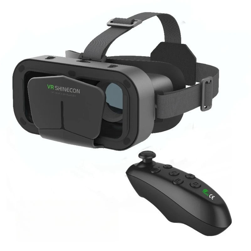Black VR headset with adjustable head straps and a matching wireless handheld controller for 3D gaming.
