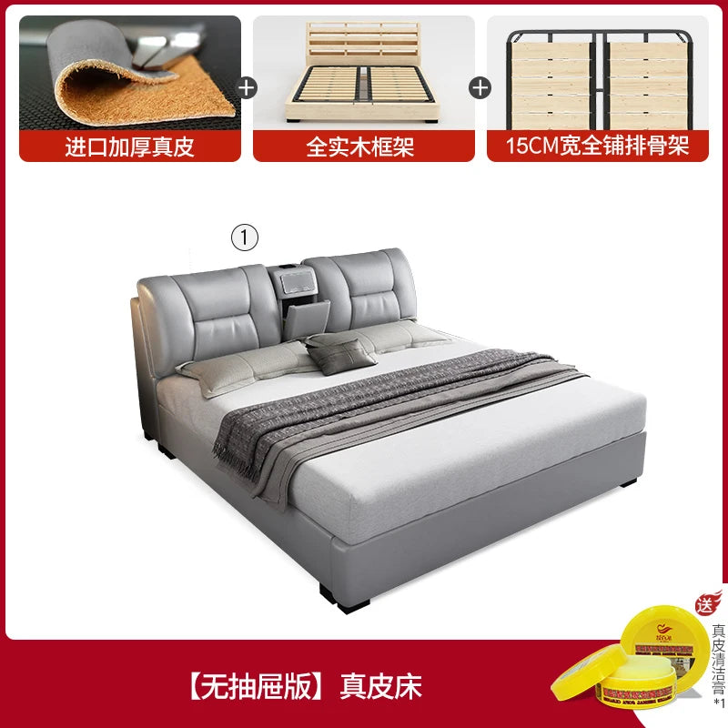 Grey king-size upholstered bed with a cushioned headboard, built-in storage console, and sturdy wooden frame.