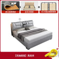 Grey king-size upholstered bed with a cushioned headboard, built-in storage console, and sturdy wooden frame.