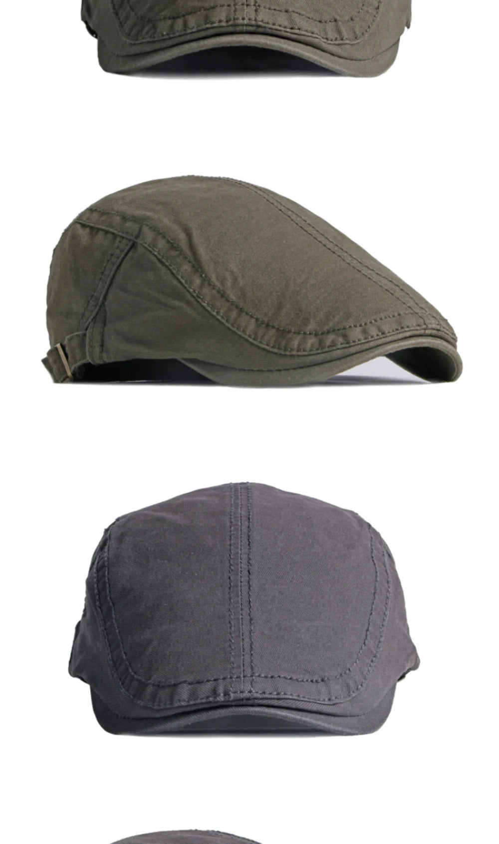 Two unisex cotton flat caps in olive green and charcoal grey, featuring a classic panelled design and short peak.