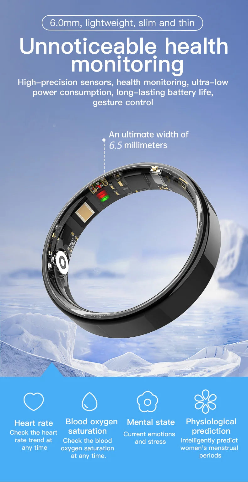 A slim, black smart health monitoring ring showing internal sensors and features like heart rate and stress tracking.