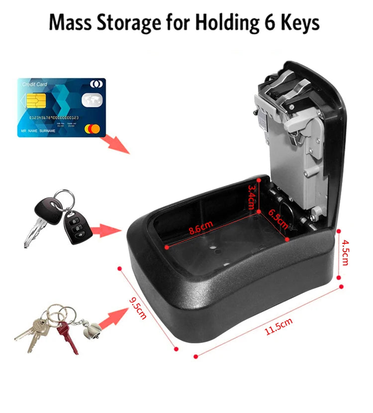 Black metal wall-mounted key lock box with an open hinged lid and internal dimensions shown with red measurements.