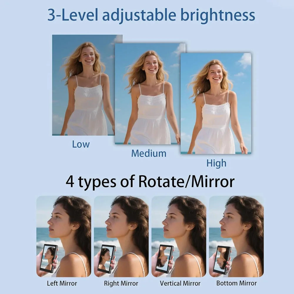 Handheld mirror featuring 3-level brightness adjustment and 4 rotation/mirror modes for versatile portrait viewing.