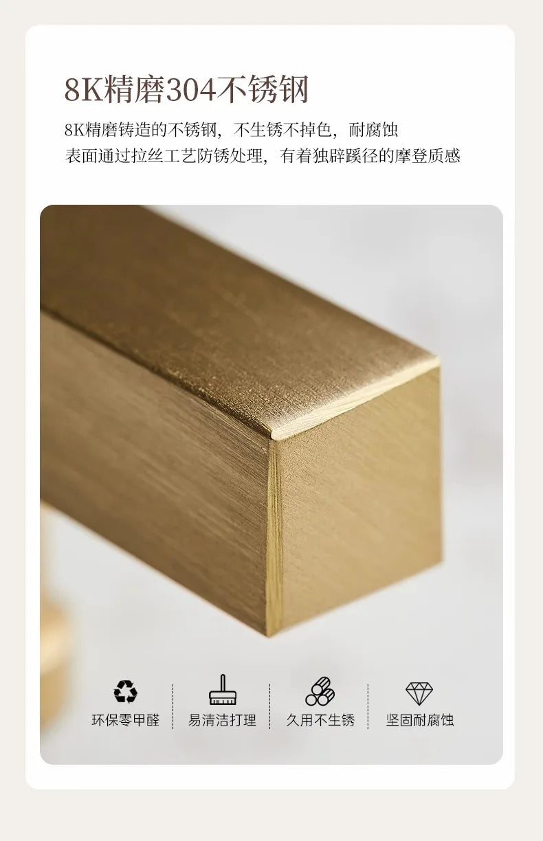Close-up of a premium brushed gold stainless steel frame featuring a durable, rust-resistant, and easy-clean finish.