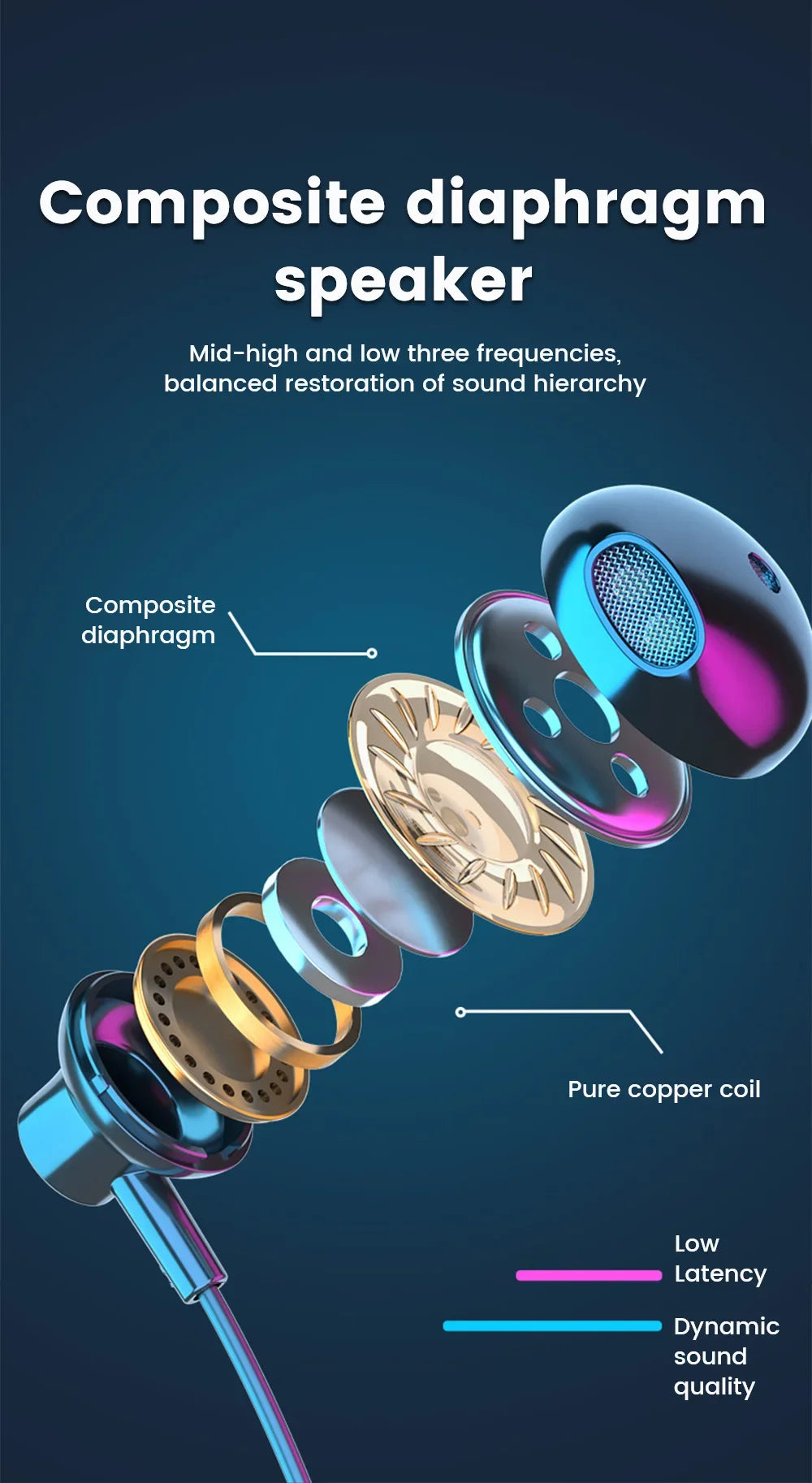 Exploded view of iridescent wireless earphones showing copper coil and composite diaphragm components for high-quality audio.