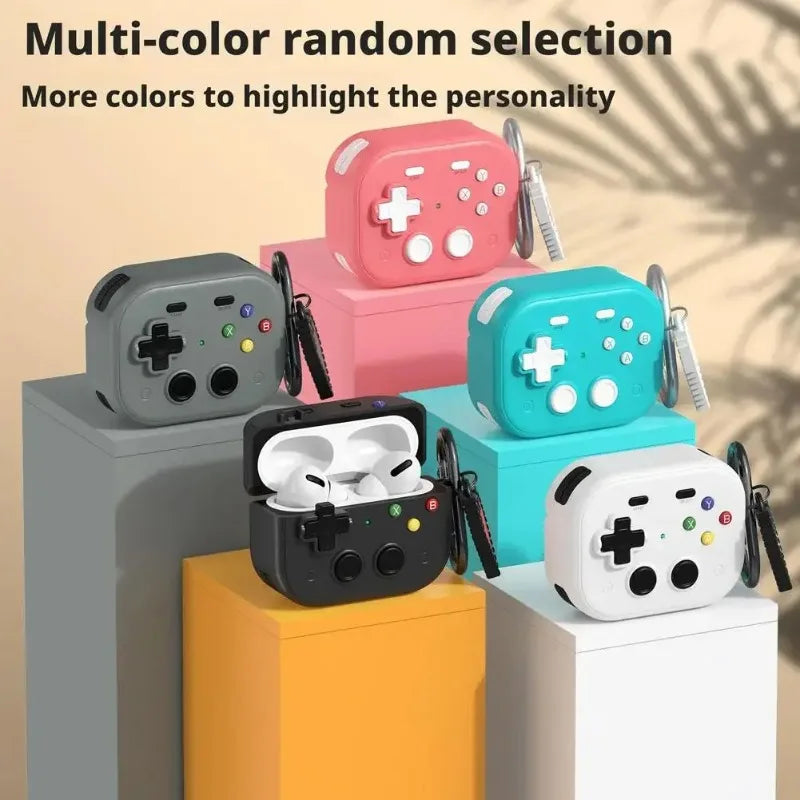Retro game controller silicone cases for AirPods Pro, available in various colours with included carabiners.