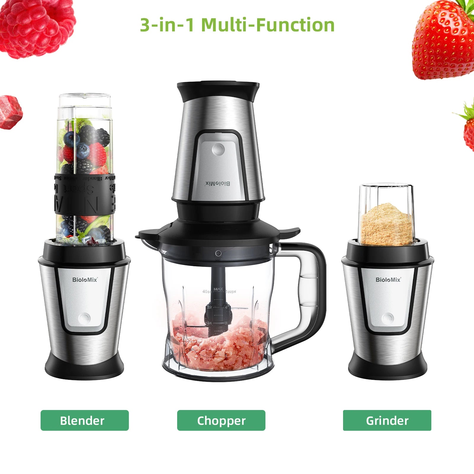 Stainless steel 3-in-1 kitchen appliance set featuring a blender, food chopper, and grinder with black accents.