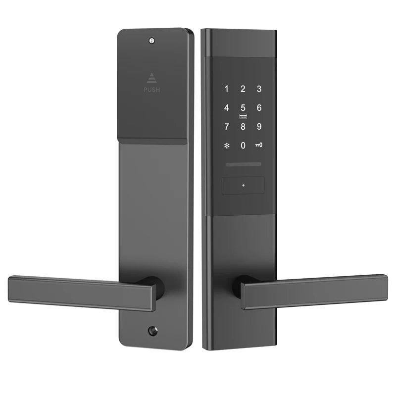 Matte black metal electronic smart door lock with digital keypad, lever handle, and a push-to-open latch mechanism.