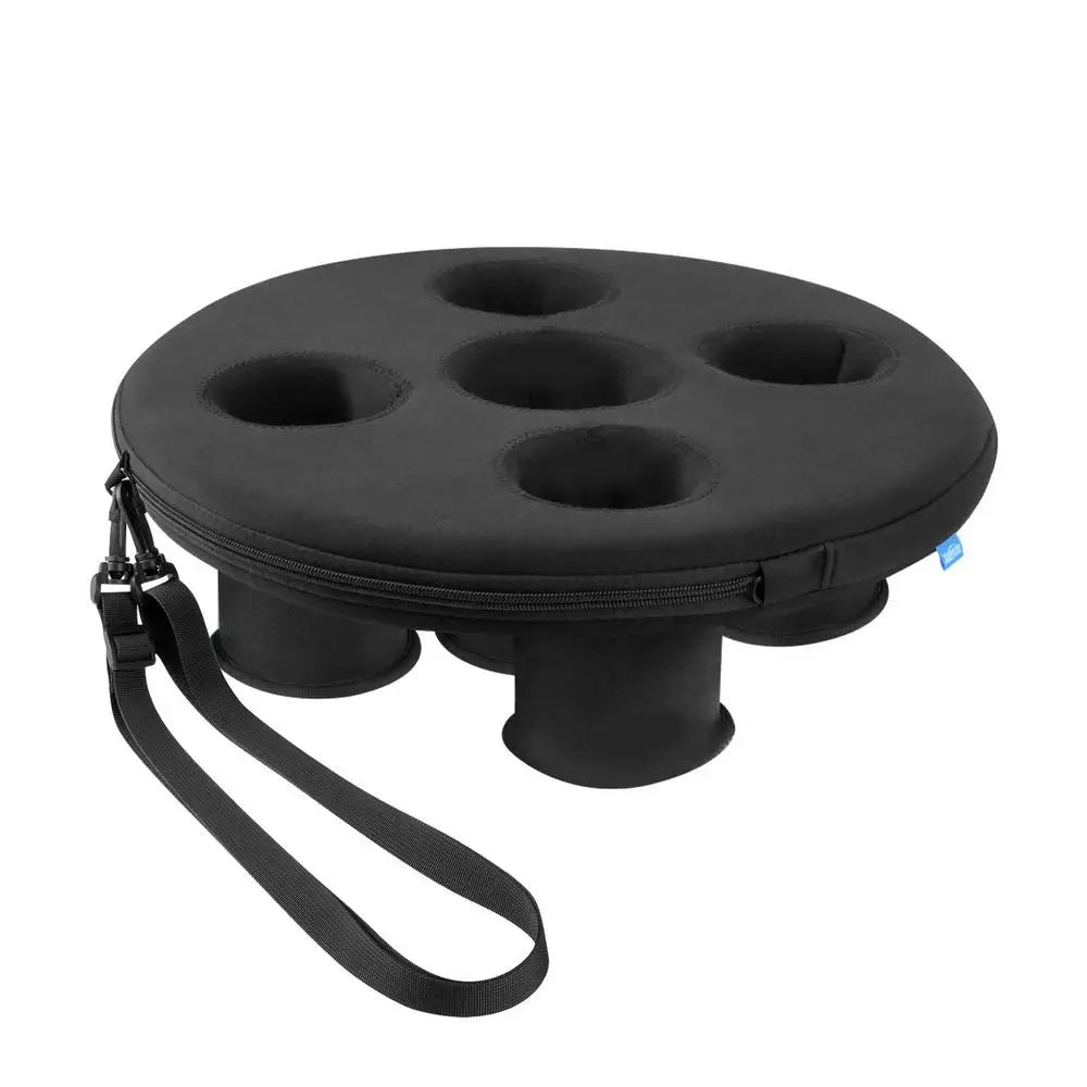 Black round drink caddy with five cup holders and a zippered side, plus an attached strap.