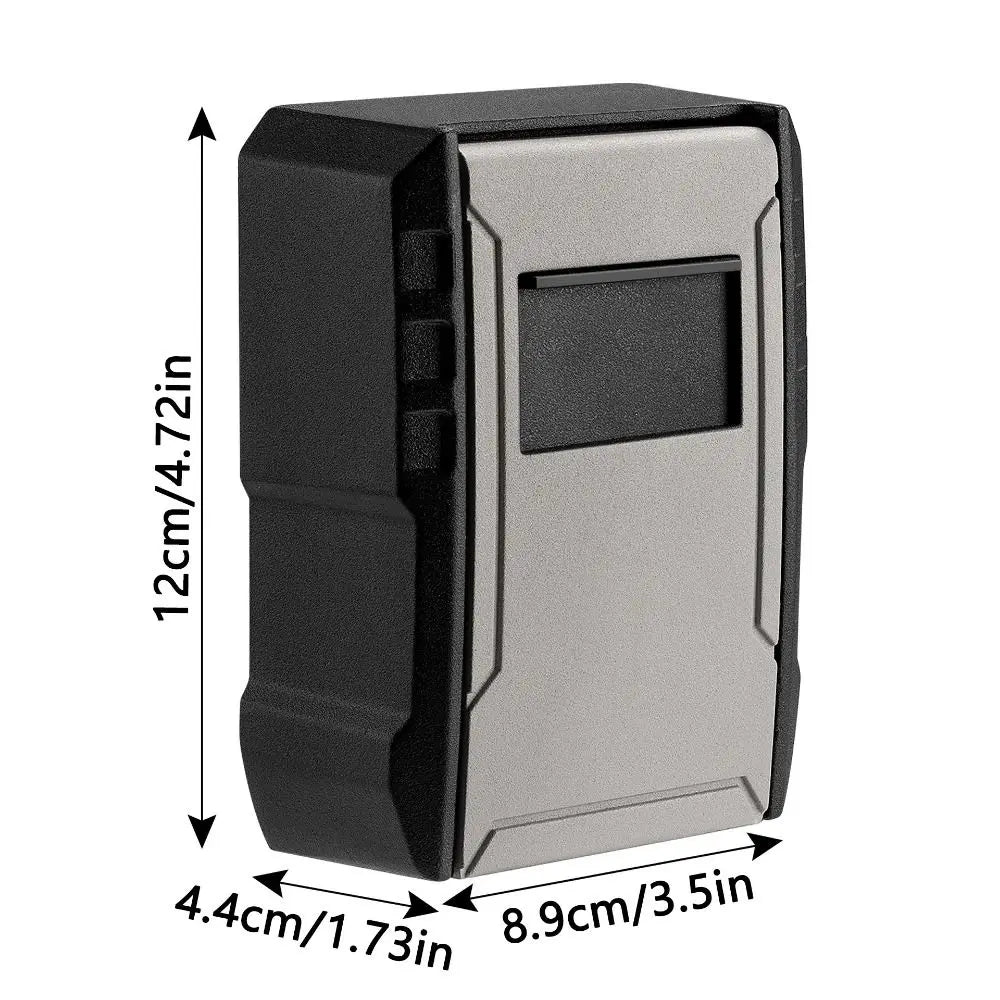 Black and silver metal key lock box with a hinged cover and dimensions of 12cm by 8.9cm by 4.4cm.