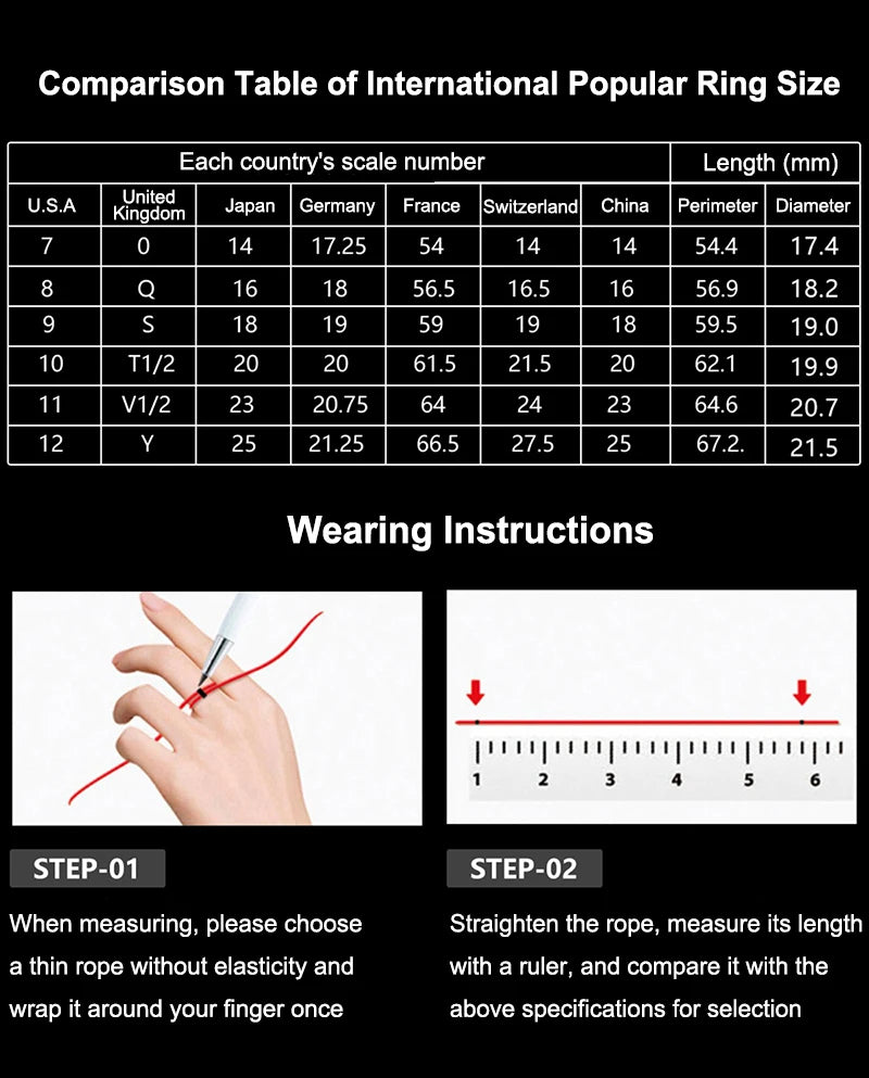International ring size conversion chart and guide on how to measure your finger using string and a ruler.