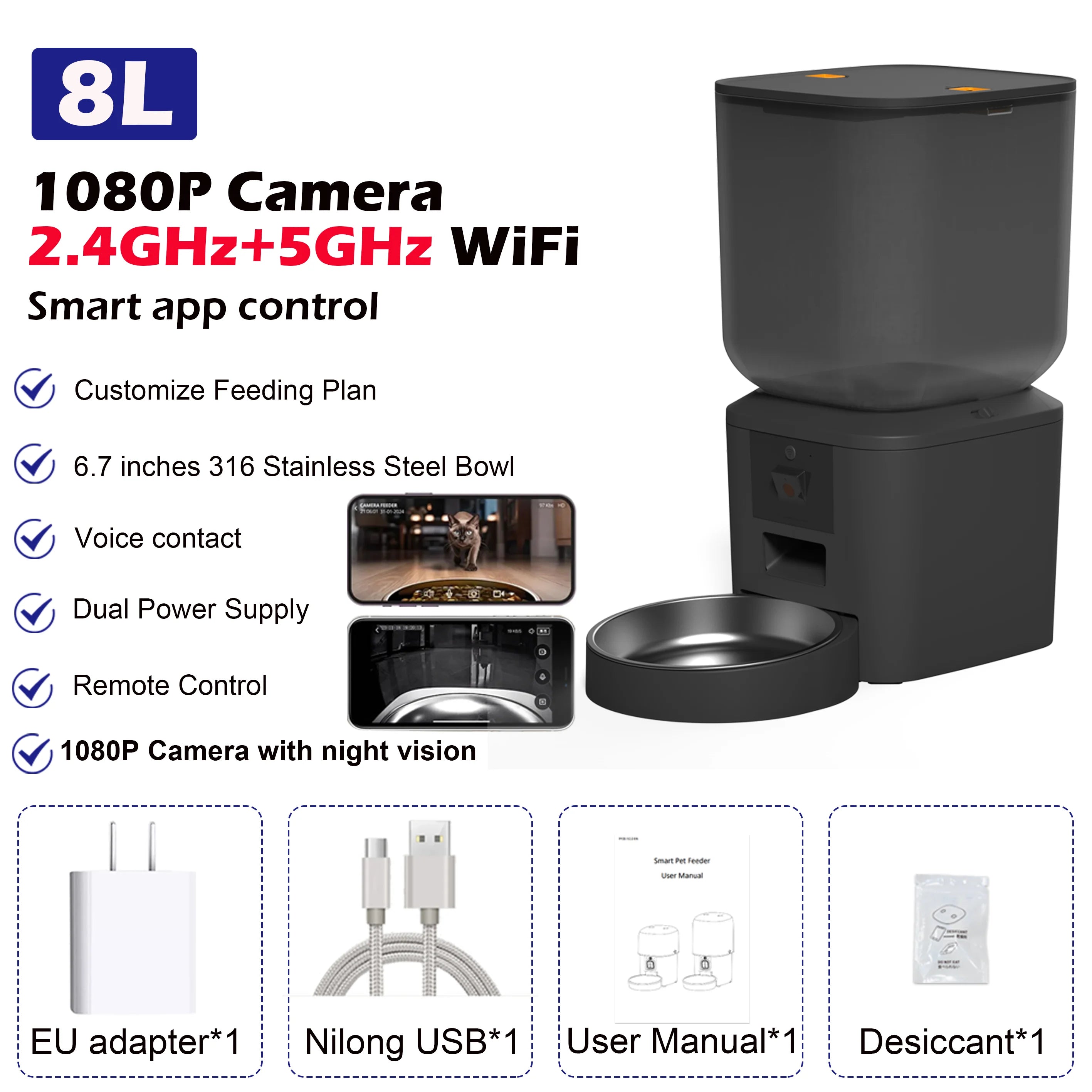8L smart pet feeder in matte grey with camera, stainless steel bowl, and app control. Includes power accessories.