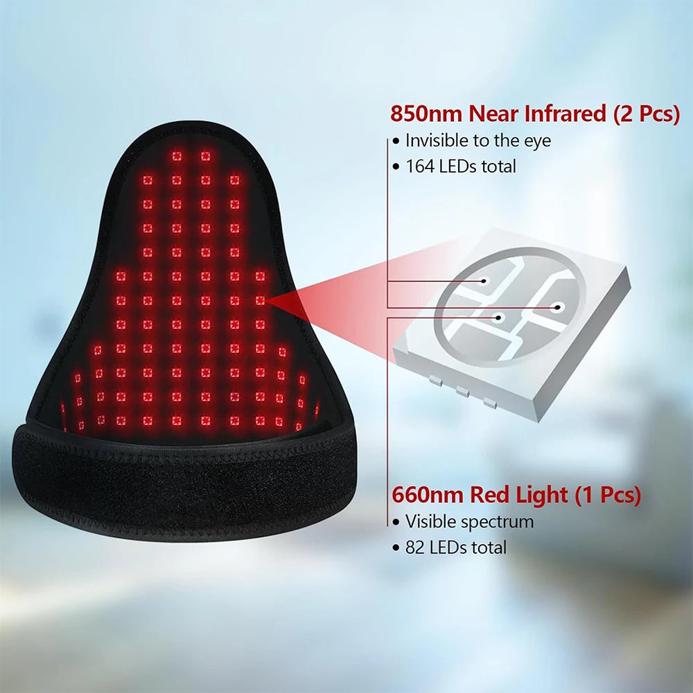 Black wearable red light therapy pad with glowing red LEDs and LED wavelength diagram.