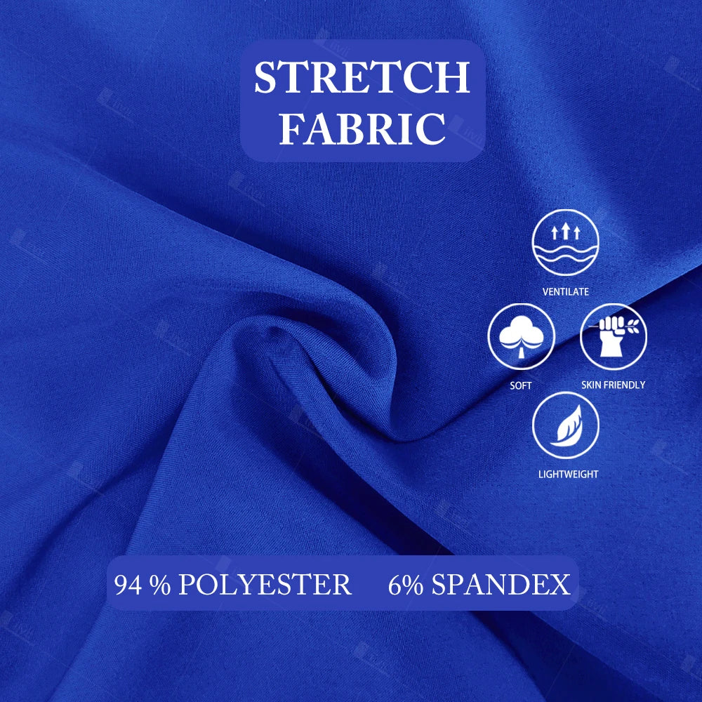 Royal blue stretch fabric for medical scrubs, highlighting breathable, soft, lightweight and skin-friendly features.