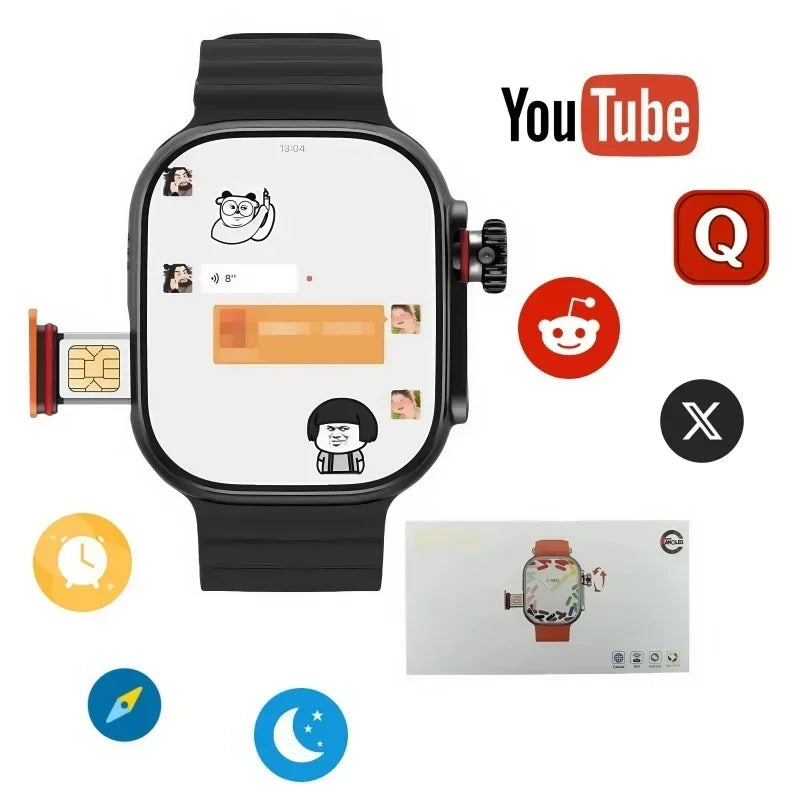 Black 4G Android smartwatch with a large screen, SIM card slot, rotary camera, and popular app icons shown around it.