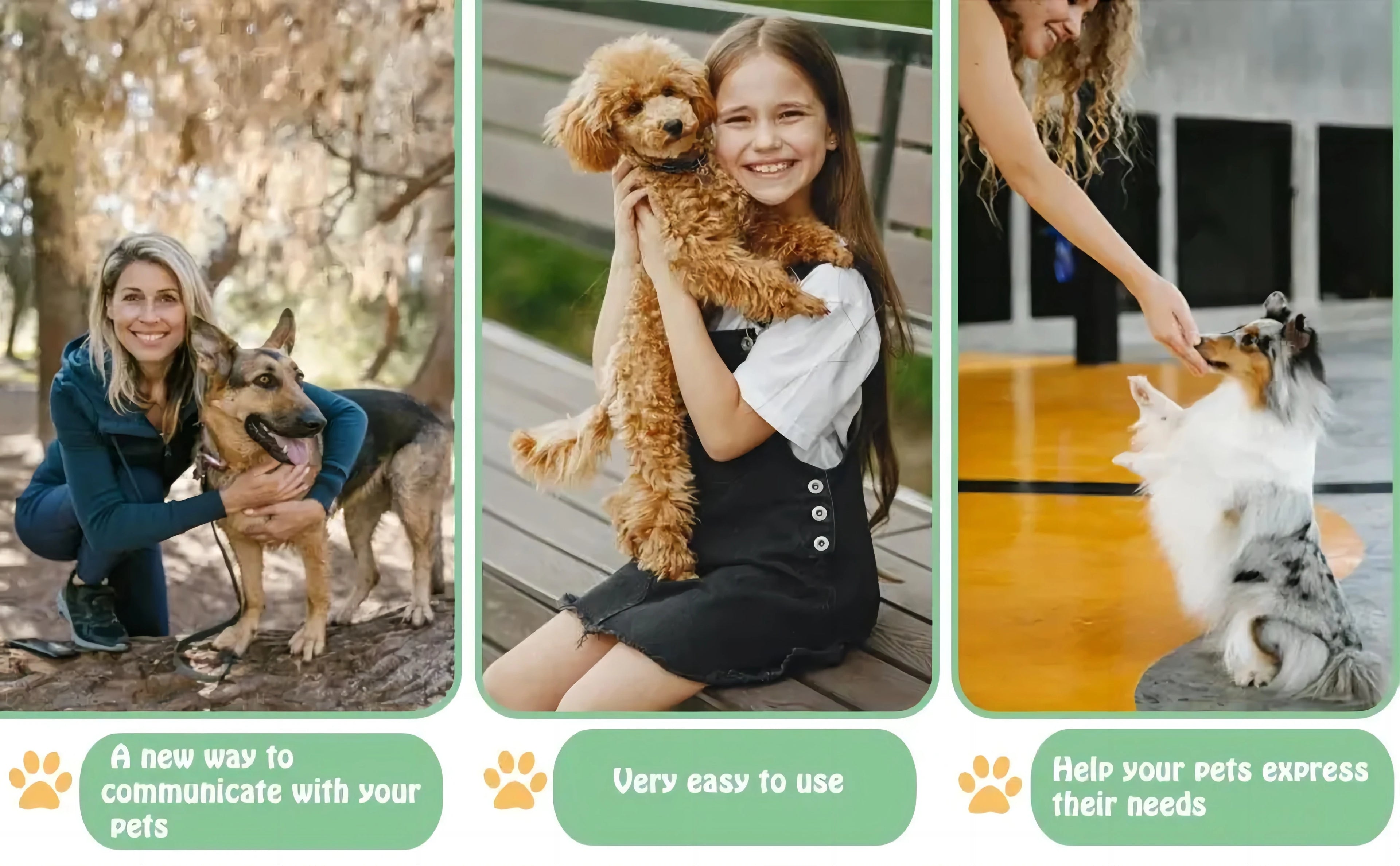 Three panels showing people interacting with various dog breeds, highlighting interactive communication for pets.