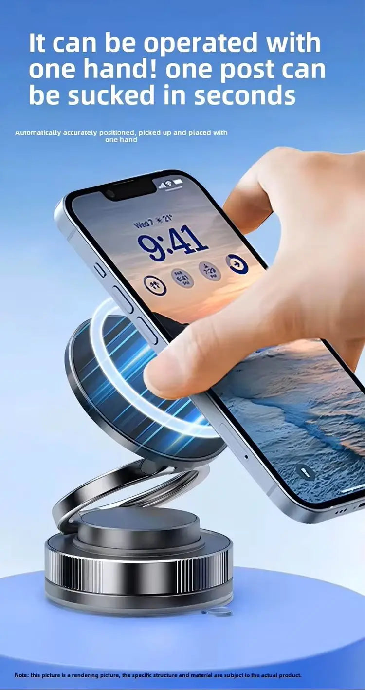 A silver magnetic phone mount with a sleek circular, foldable design holding a smartphone.
