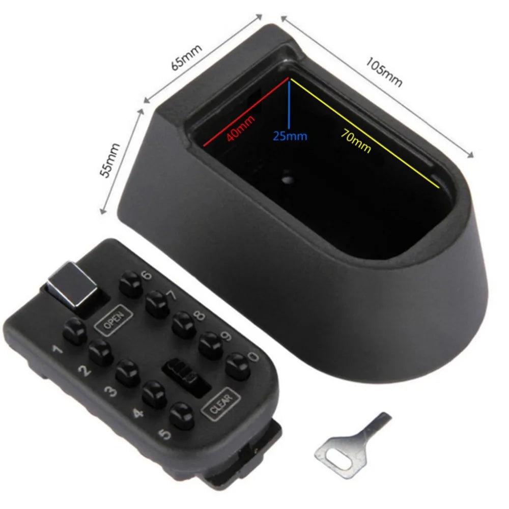 Black metal wall-mounted key lock box with a push-button combination keypad and small manual override key.