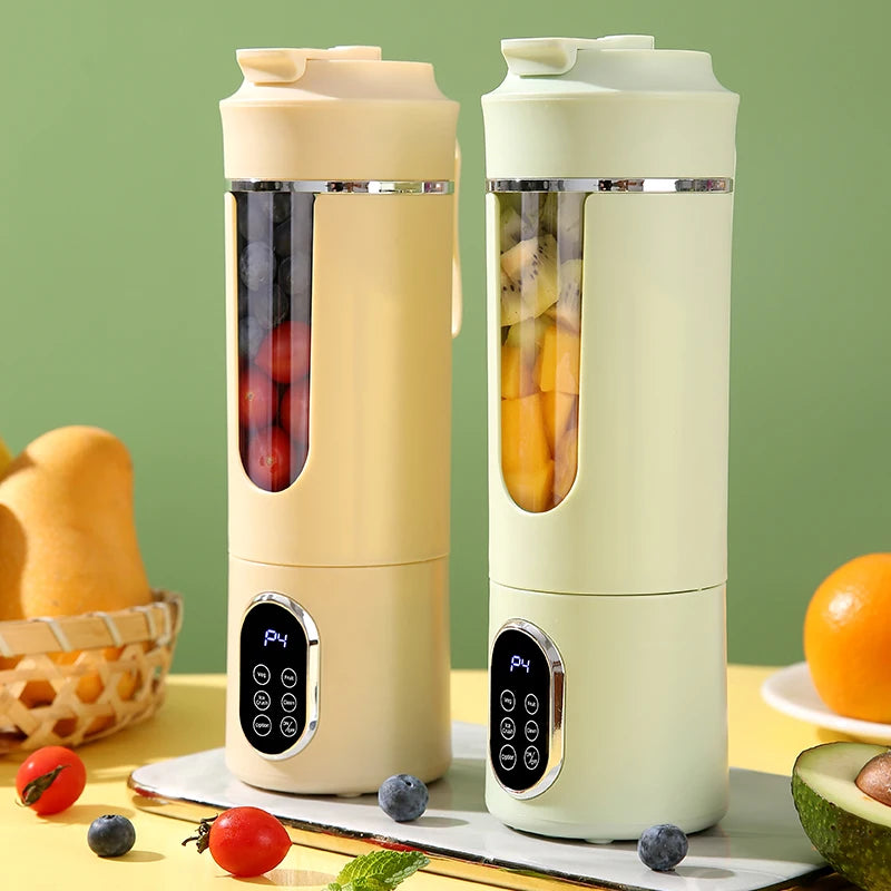 Two portable, minimalist electric blenders in cream and sage green, each with a clear fruit-filled center and digital UI.