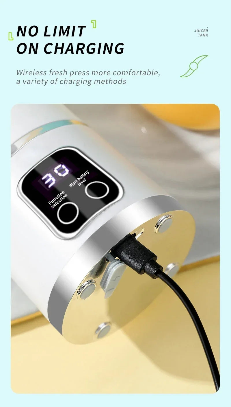 White wireless juicer base with a digital display, function buttons, and a black USB charging cable attached.