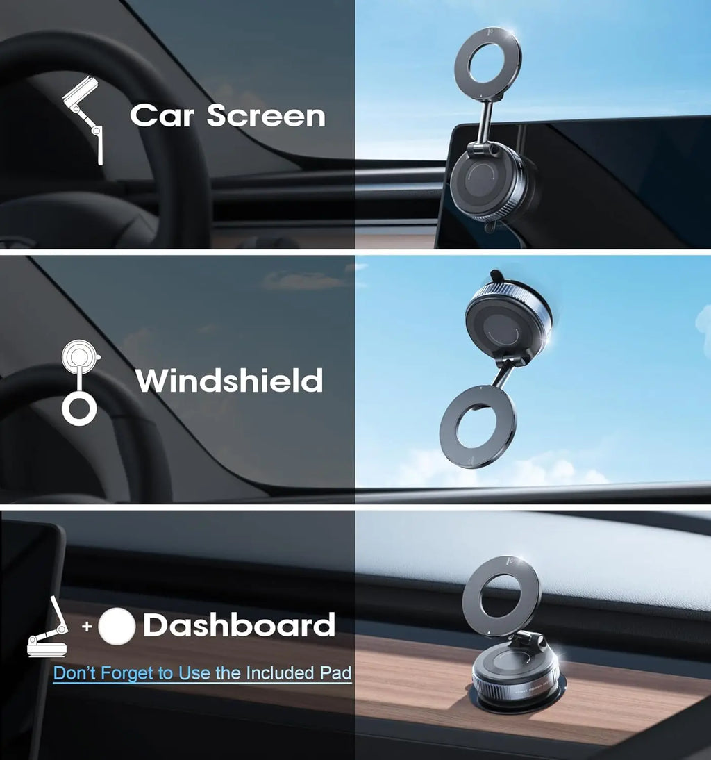 Silver, circular car phone mount shown attached to a car screen, windshield, and dashboard.