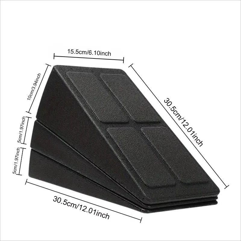 Black foam calf stretch wedge with measurement annotations showing dimensions in cm and inches.