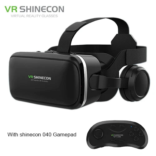 Black 3D virtual reality headset with integrated headphones, adjustable head strap and a wireless handheld controller.