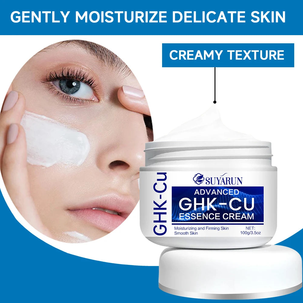 White, creamy moisturizing essence cream in a 100g jar, shown being applied to skin for a smooth, firm complexion.