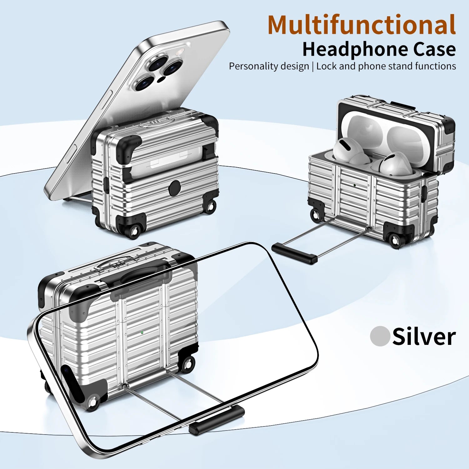Silver metallic suitcase-style case for AirPods Pro, featuring a built-in phone stand and retractable luggage handle.