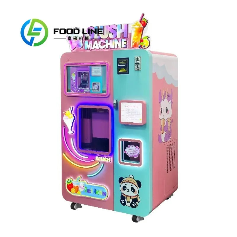 Pink and blue slushie vending machine with cartoon graphics, digital screen, cup dispenser, and lighted signage.