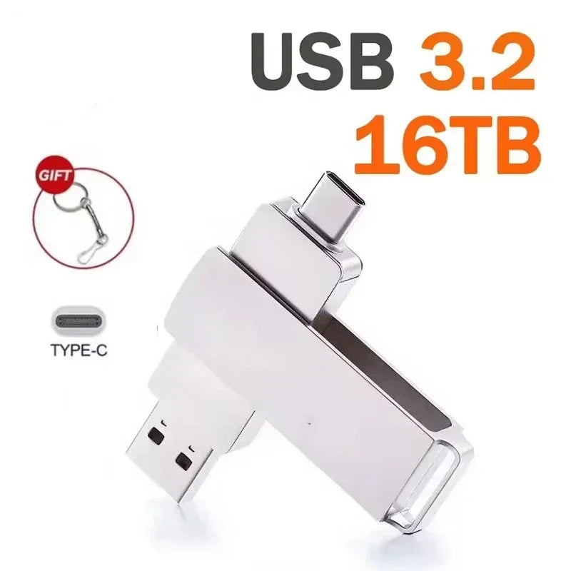Silver 16TB 2-in-1 flash drive with USB and Type-C connectors, featuring a sleek metallic swivel design.