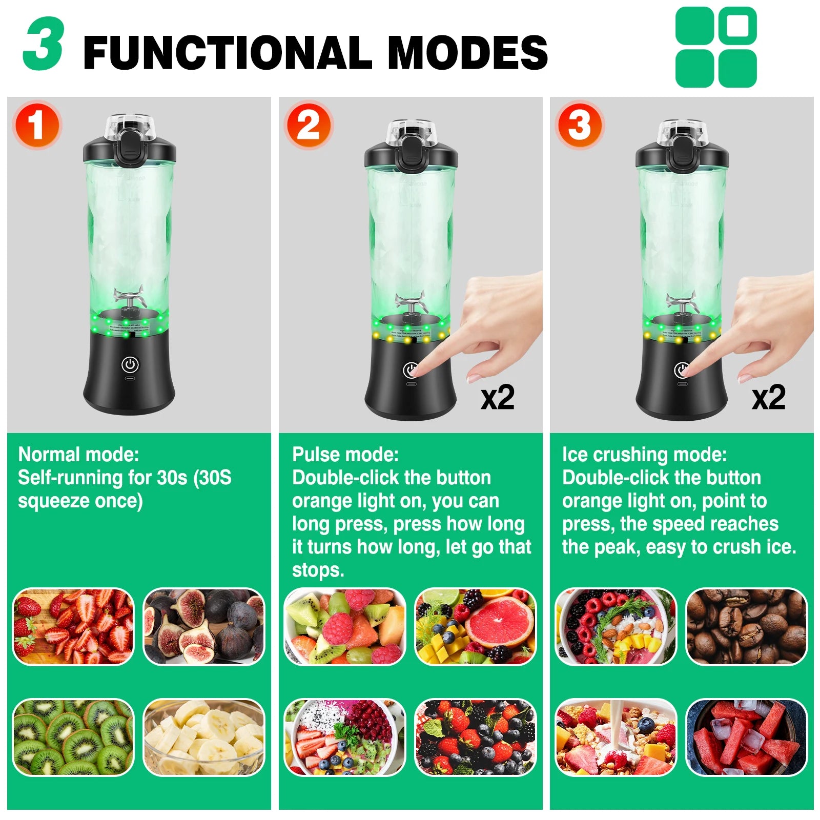 Portable blender with a green glass cup, black base, and power button, showing three functional mixing modes.