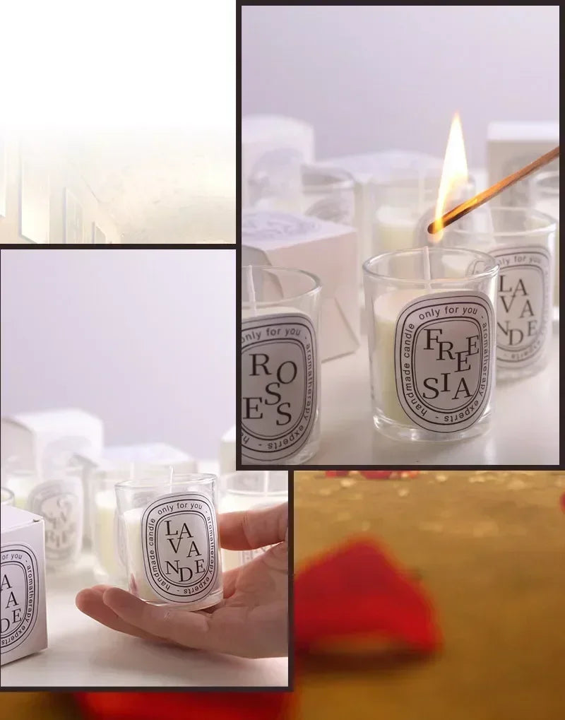 Set of small, white scented candles in clear glass jars with minimalist oval labels, one being lit with a match.