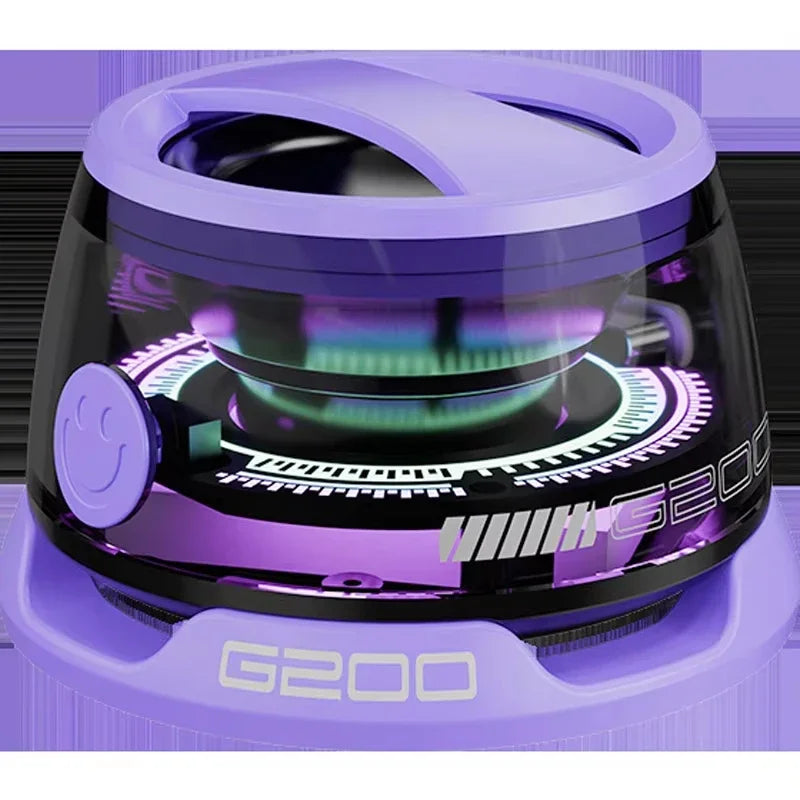 Portable purple Bluetooth speaker with a built-in phone holder and vibrant, glowing circular RGB lighting.